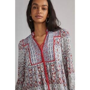 Anthropologie Boho 3/4 Sleeve Tunic Grey Motif Tiered Mini Dress Small Petite